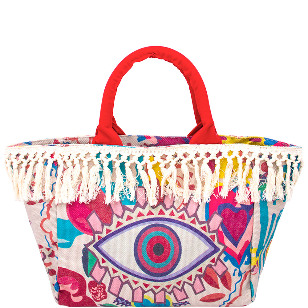 09 Fringe Multi Color Pattern Design Evil Eye Tote Bag