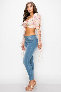 Persie Peach Floral Print Puff Long Sleeve Crop Top