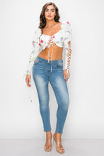 Persie White Floral Print Puff Long Sleeve Crop Top