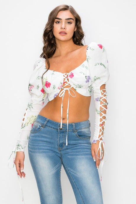 Persie White Floral Print Puff Long Sleeve Crop Top