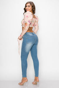 Persie Peach Floral Print Puff Long Sleeve Crop Top