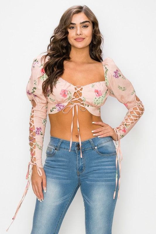 Persie Peach Floral Print Puff Long Sleeve Crop Top