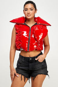 Amor Red Shiny PU Puffer Vest with Pop Out Heart Design