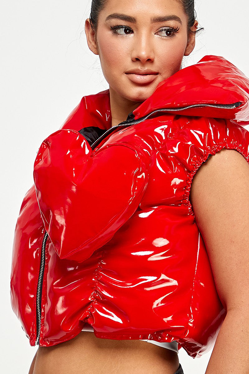 Amor Red Shiny PU Puffer Vest with Pop Out Heart Design