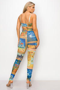 Madeline Multi Blue Masterpiece Print Bra Top and Leggings Set