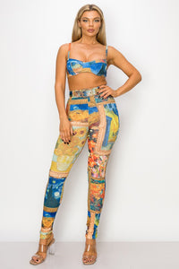 Madeline Multi Blue Masterpiece Print Bra Top and Leggings Set