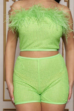 Dionne Neon Green Rhinestone Feather 2-Piece Top & Shorts set