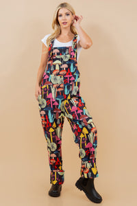 Trippie Black Colorful Mushroom Print Corduroy Overall