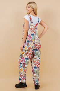 Trippie White Colorful Mushroom Print Corduroy Overall