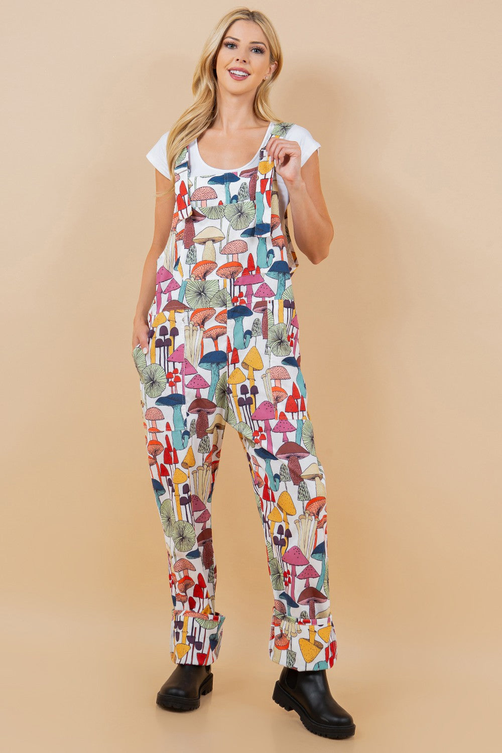 Trippie White Colorful Mushroom Print Corduroy Overall