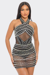 Amara Black Rhinestone Bodysuit and Skirt Set