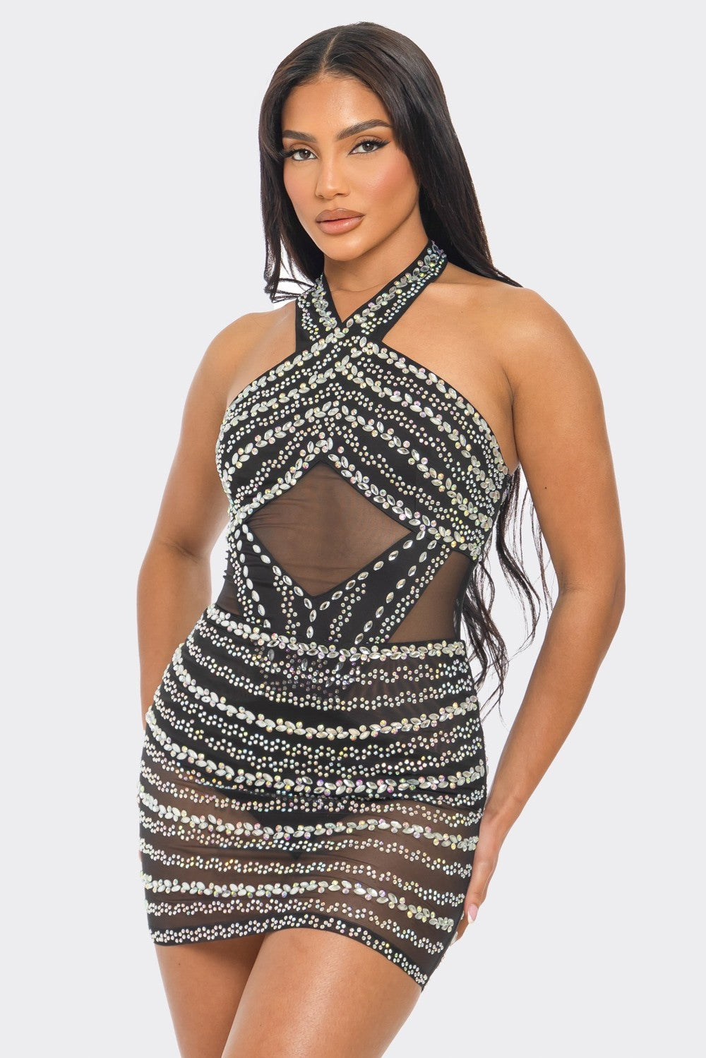 Amara Black Rhinestone Bodysuit and Skirt Set