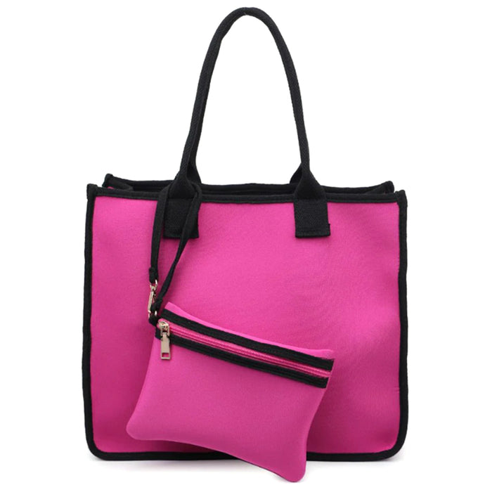 2-in-1 Magenta Fashion Nylon Wade Tote Bag With Pouch Set