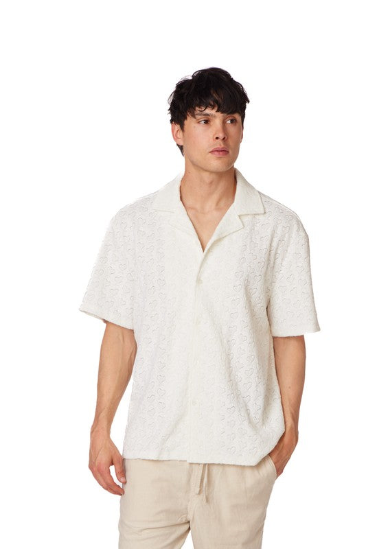 Casanova Men's White Heart Crochet Textured Short Sleeve Shirt