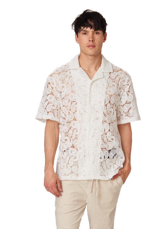 Reynaldo White Paisley Lace Crochet Textured Shirt