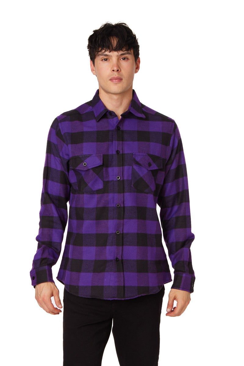 Terry Purple Flannel Long Buffalo Plaid Shirt