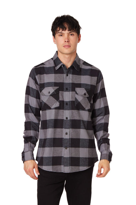 Nate Charcoal Flannel Long Buffalo Plaid Shirt