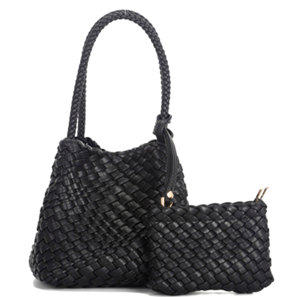 2-in-1 Black Woven Shoulder Bag With Pouch Set