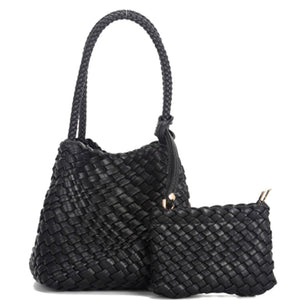 2-in-1 Black Woven Shoulder Bag With Pouch Set