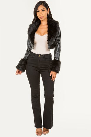 Katy Black Vegan Leather Crop Jacket with Black Faux Fur