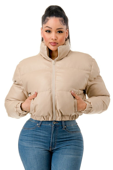 Carissa Almond Faux Leather Puffer Bomber Jacket