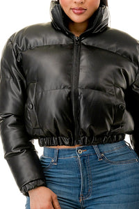 Carissa Black Faux Leather Puffer Bomber Jacket