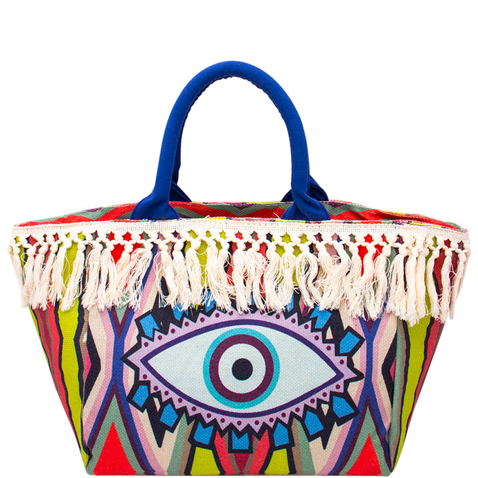 03 Fringe Multi Color Pattern Design Evil Eye Tote Bag