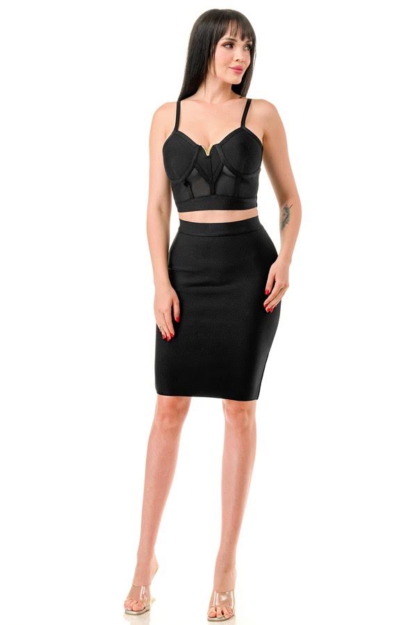 Michelle Black Bandage Crop Top and Midi Skirt Set