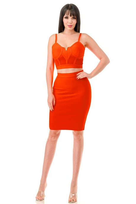 Michelle Orange Bandage Crop Top and Midi Skirt Set