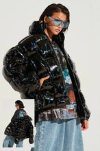 Devon Slick Black Holographic Woven Puffer Jacket