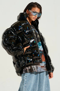 Devon Slick Black Holographic Woven Puffer Jacket