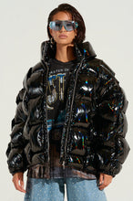 Devon Slick Black Holographic Woven Puffer Jacket