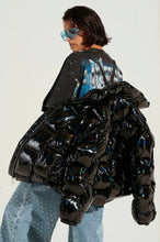 Devon Slick Black Holographic Woven Puffer Jacket