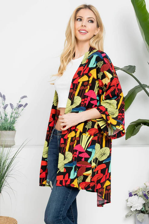 Kinoko Black Colorful Mushroom Print Kimono