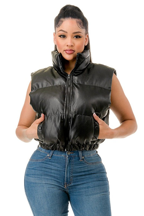 Peggy Black Puffer Leather Vest