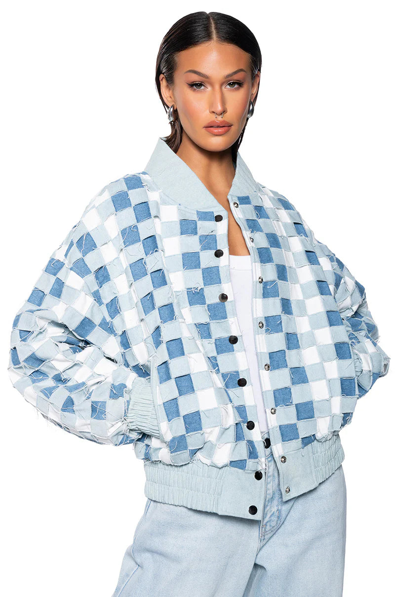 Tanya Blue Hand Weave Distressed Denim Bomber