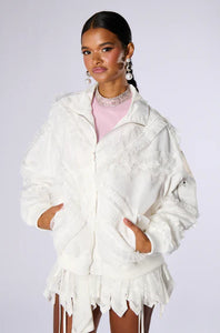 Bonnie White Lace Trim Bomber