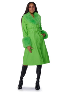 Kermy Green Faux Fur Trench
