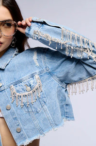 Stella Rhinestone Cropped Blue Denim Jacket