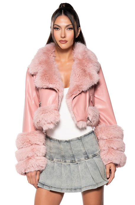 Kyra Baby Pink Faux Fur Moto Jacket