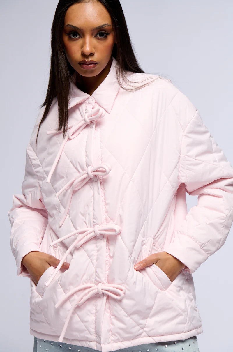 Virginia Pale Pink Quilted Bomber With Bows